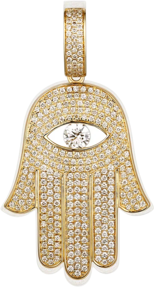 AH & Co diamond hamsa pendant with a central evil eye in yellow gold