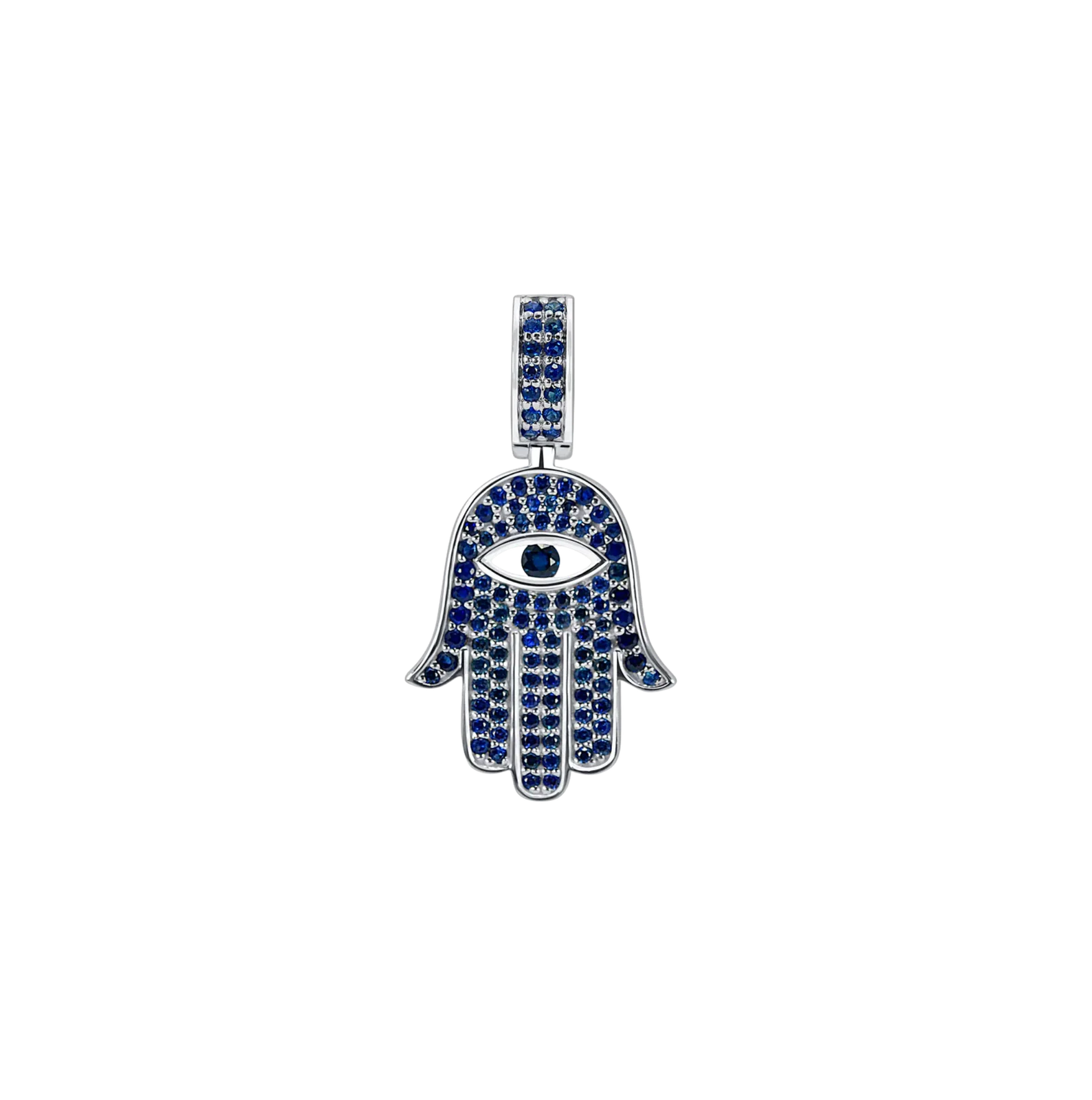 Pave Sapphire Hamsa Pendant in White Gold